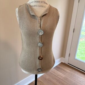 Pure Handknit Women's Tan Sweater Vest with decorative buttons Size S/M